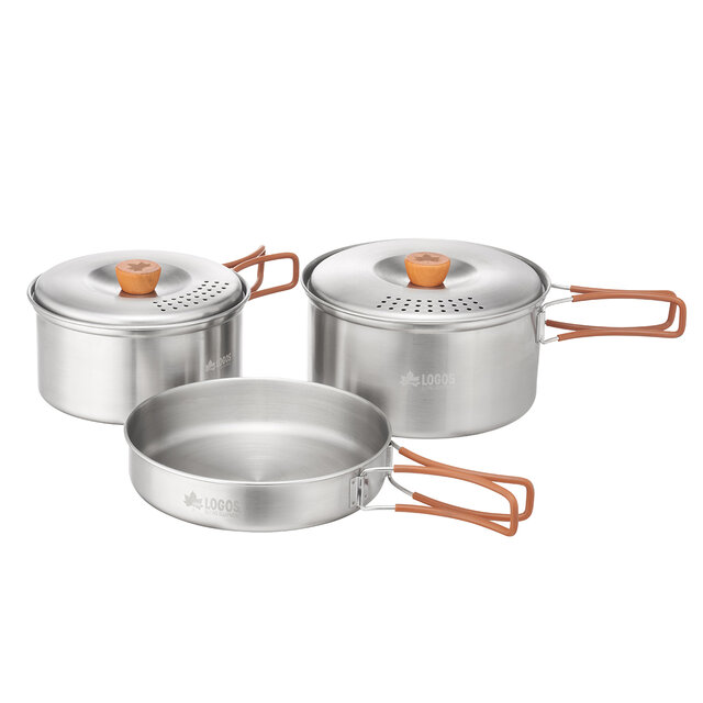 ロゴス】ステンレス製で焚き火OK！スタッキングできるクッカーセットは