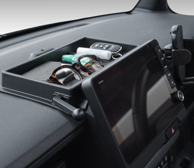 "OEM-level" fit for the dashboard! The convenient "aftermarket tray" can hold both your smartphone and keys altogether.