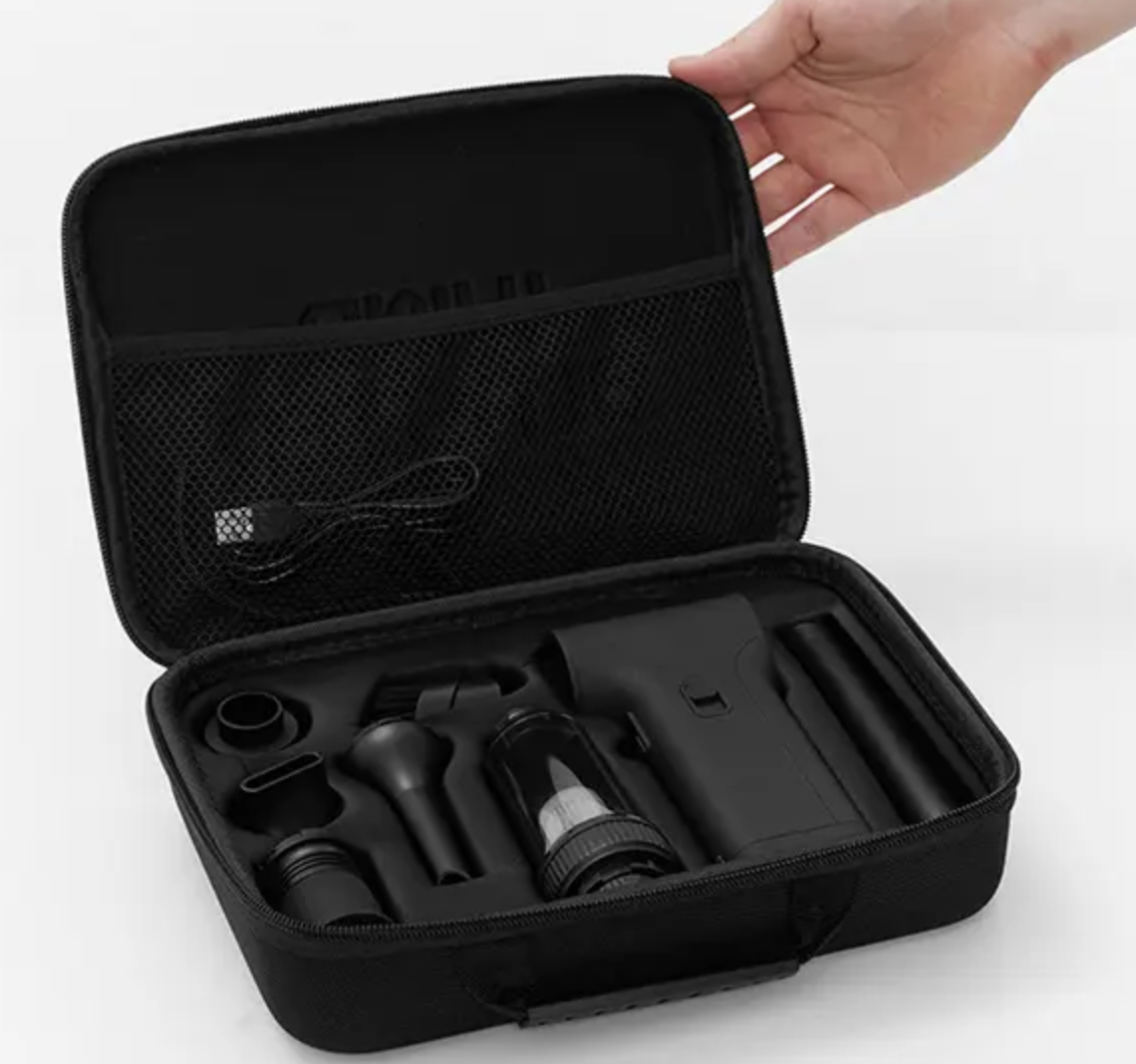 Instantly blows out the car interior or garage! A super compact air duster that handles both blowing and suction in one unit.