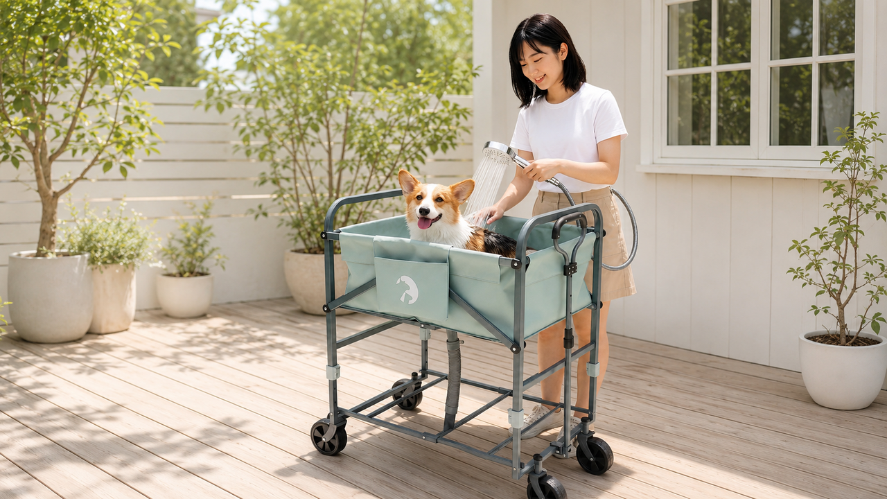 【ペットケア】愛犬のシャンプー時間を充実したコミュニケーションに！ 4役移動式バスワゴンで腰も楽々