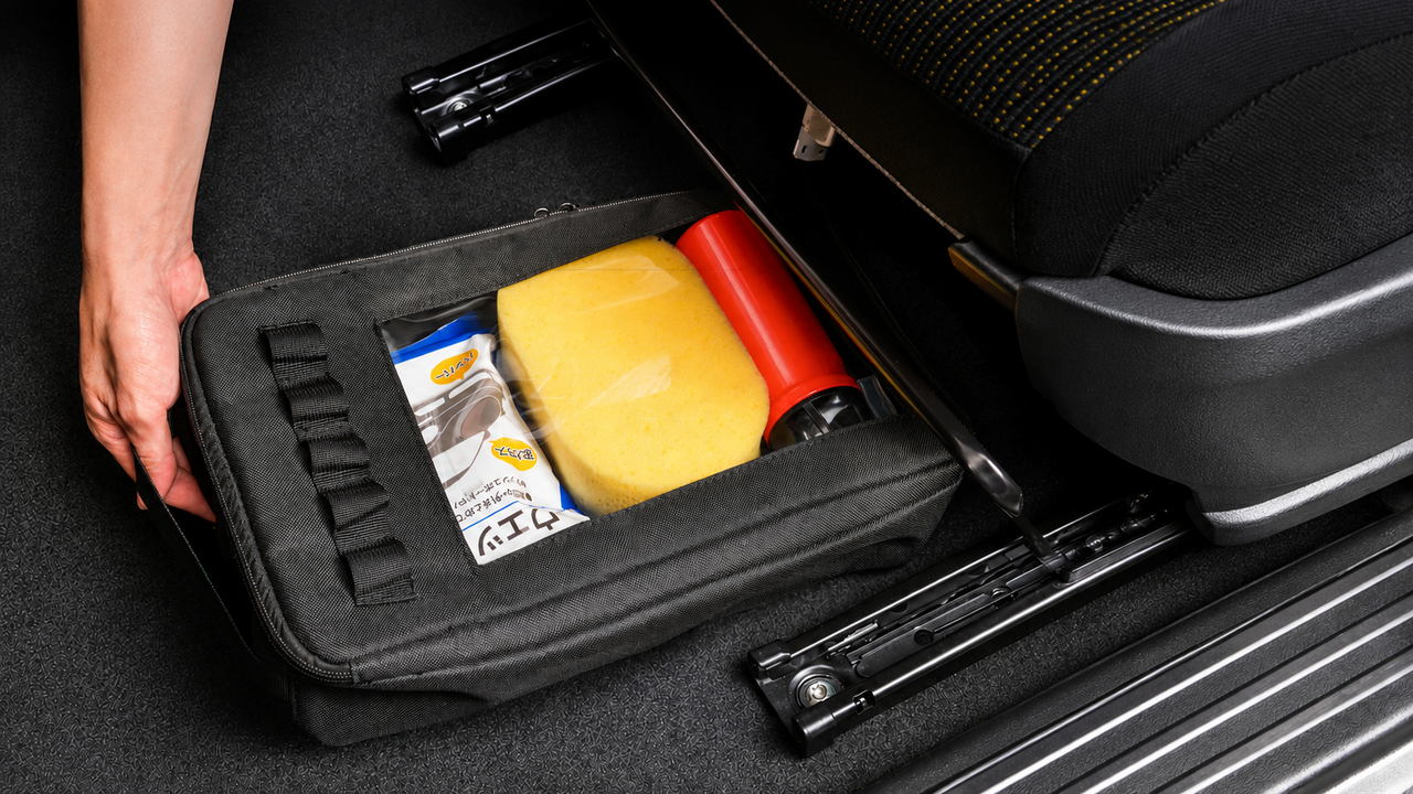 A "God Storage" has been created under the passenger seat of the Jimny! Throw items in the dirt-resistant and dust-proof bag