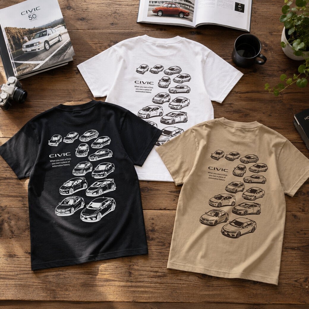 A gathering of all generations of Civic! Enjoy the "car love" with Honda's officially licensed T-shirt