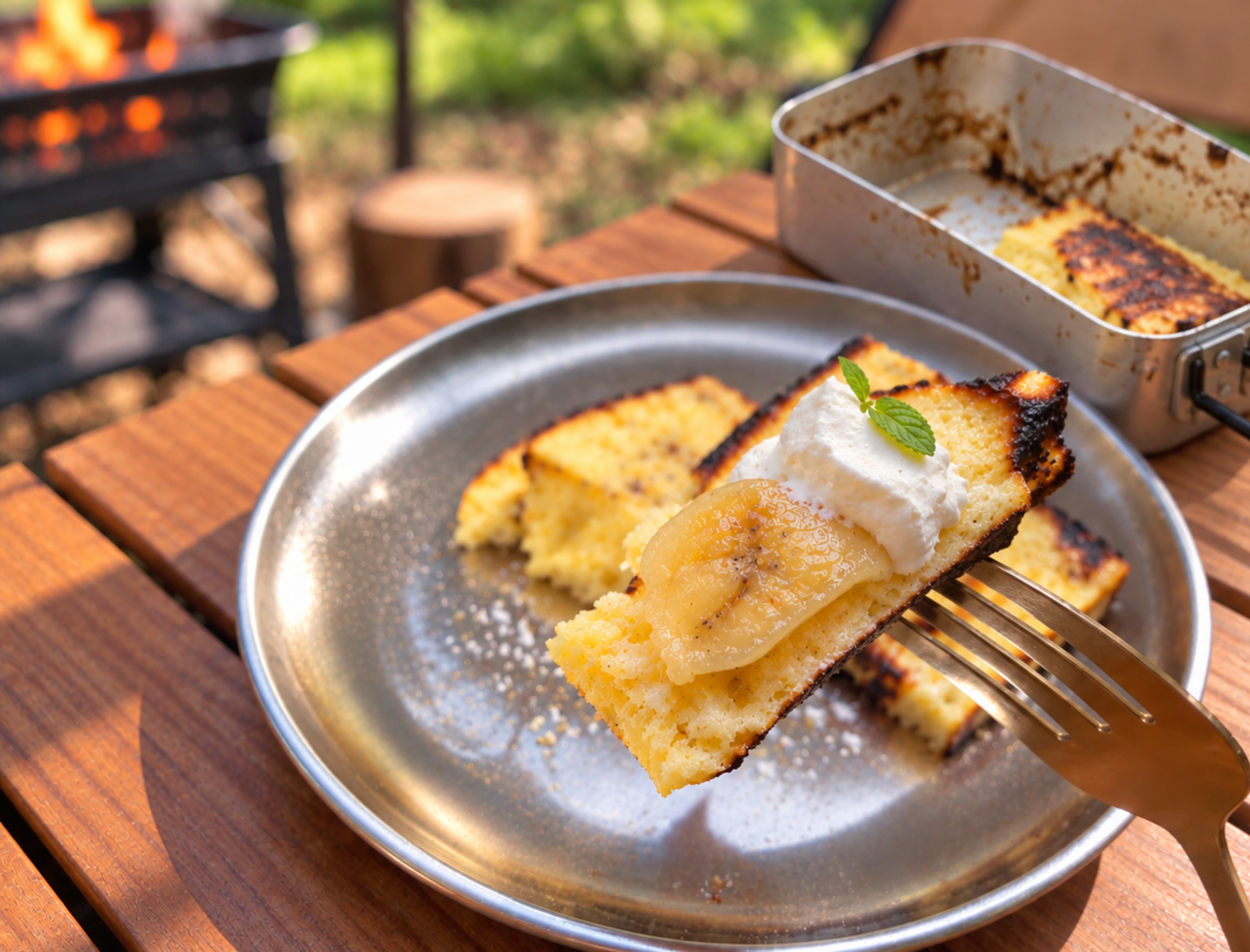 【キャンプでスイーツ】外カリッ、中ふわっ！失敗から生まれた奇跡の「焼きチョコ」メスティンバナナケーキの作り方