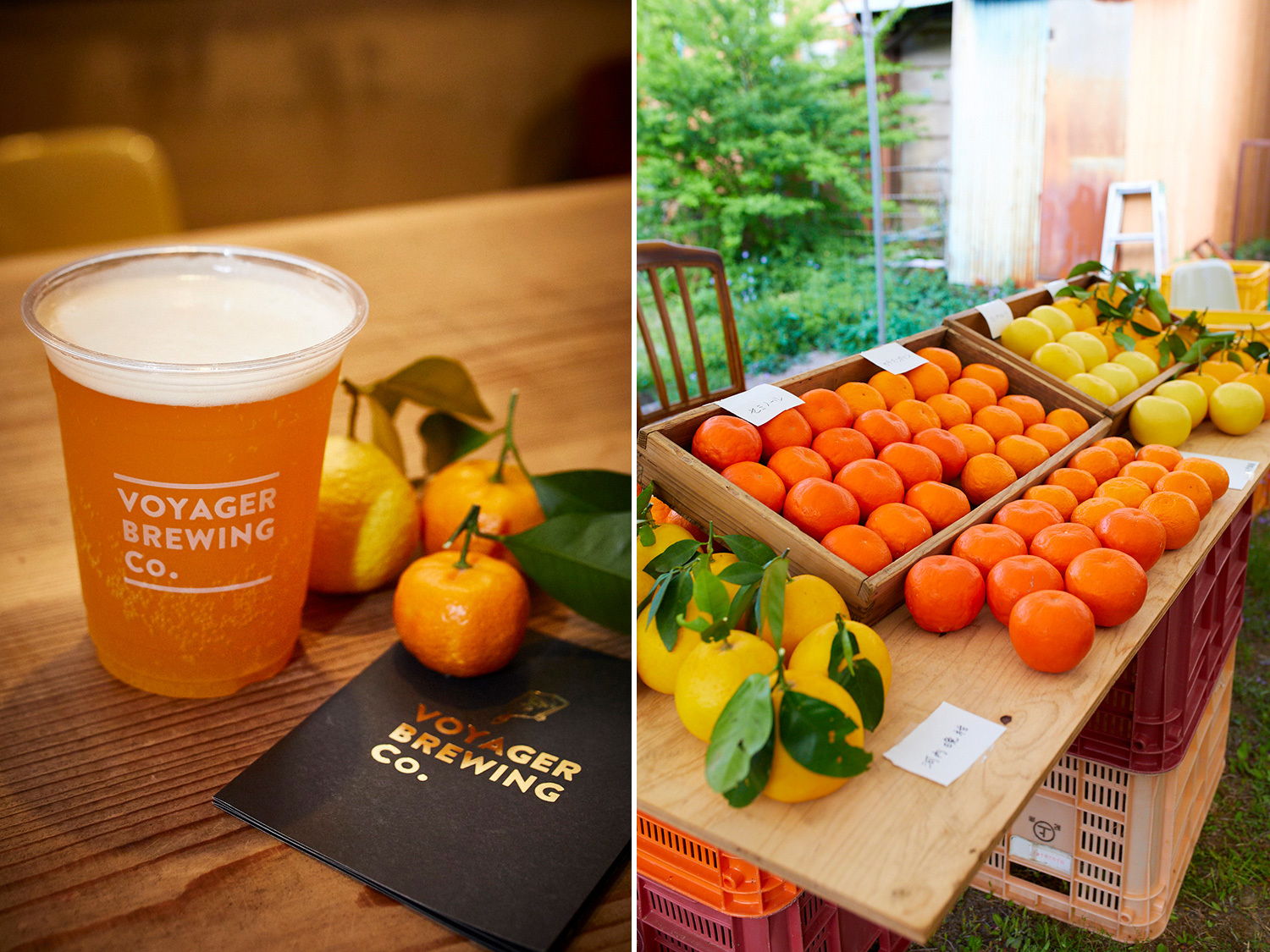 左/『Voyager Brewing』も『紀州 原農園』の柑橘とコラボしてつくった、ビアカクテル「TANABE BITTER ORANGE」を振る舞った。右/店外では料理に使った農作物の販売も。