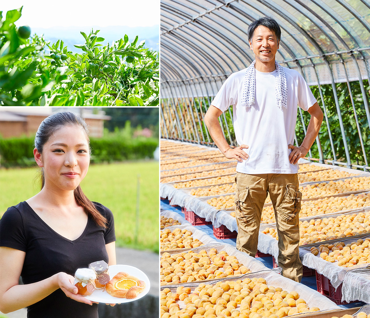 1野久保太一郎さんの『十秋園』で。梅の土用干しの真っ最中だった。2『十秋園』では30種類の柑橘を栽培。32期生で『焼きたてぱんD’oh』の代表・淺賀由貴乃さんが野久保さんの柑橘を使ってつくったコラボパン「オレンジとカスタードのデニッシュ」とマーマレード。「せっかくのコラボなのでマーマレードは店の雰囲気に合わせてつくりました」と野久保さん。