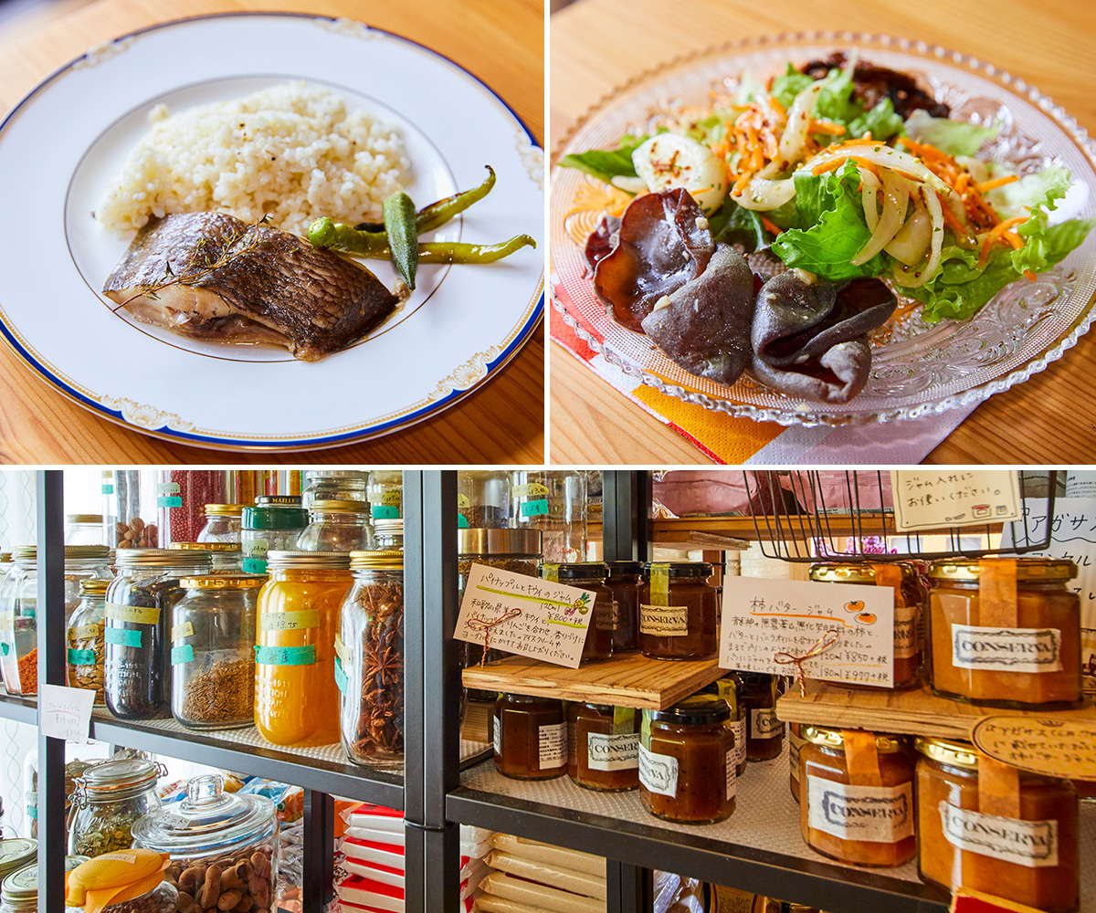 上段/予約すれば『CONSERVA』ではランチも食べられる。下段/梅と白こしあんのジャム、甘夏チョコレートのジャム、びわとラムレーズンジャムなど、毎月、新商品が開発されるジャムは20種を超えた。