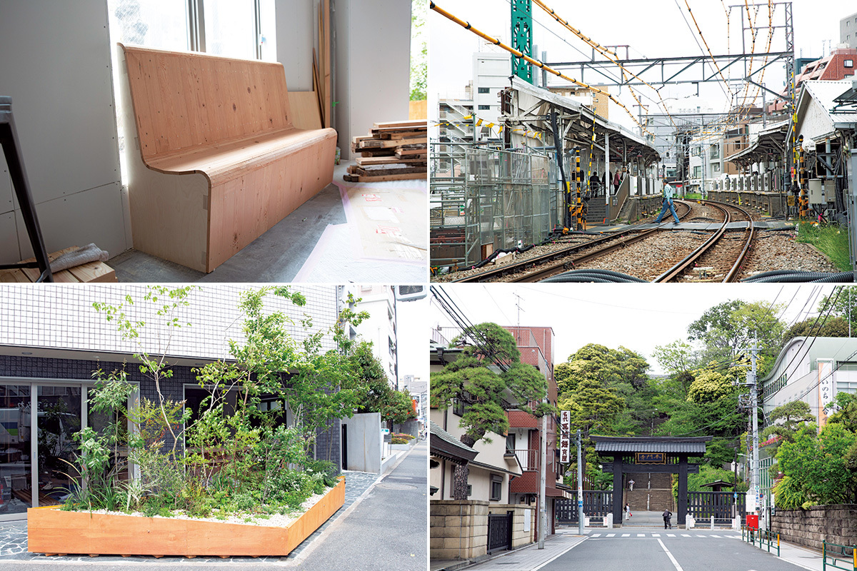❶隣のホームへは踏切を通っていく現在の池上駅。2020年度には、区立図書館などが入る駅ビルが完成する。❷池上本門寺の山門。周囲には住宅も広がる。❸池上駅の古いベンチの形をエキモクで復活させた。❹植栽を手がけたのは奈良県の「塩津植物研究所」。