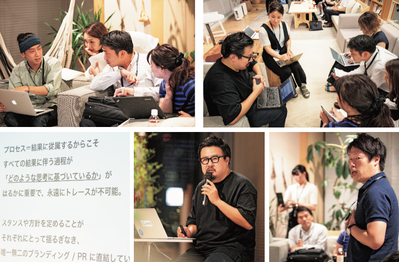 能動的に参加できるよう、チーム間で意見交換する時間も。この2 週間でチームにどのような変化が起こったのか、全体にシェア。第3回の講義は、ブランディング・PRがテーマ。講義の後、講師の千田英史さんとチームで10分間のメンタリングの時間。講師の千田さんは、『防災ガール』と半年間活動を共にした経験も。