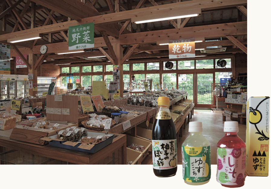 町内にあ る野菜や加工品の直売所『本山さくら市』や、 ゆず・しその加工品販売とカフェの『SORA』 を訪れてさらに地元の魅力発見!