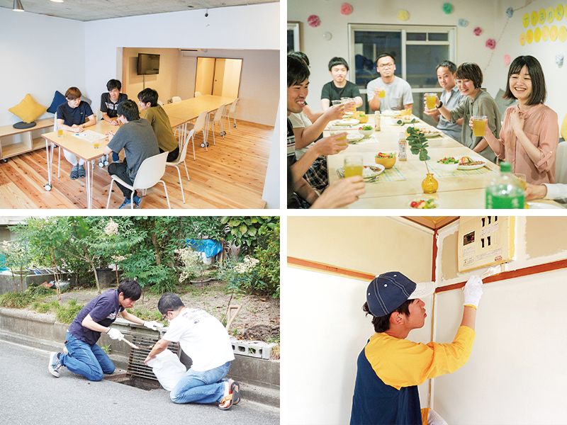 上/共同の空間があるよさを満喫できる。左下/2018年度の参加者(年度末で全員が卒業)は自治会や夏祭りに参加し、地域の住民と交流。右下/DIYにかかる費用も込みの家賃設定。