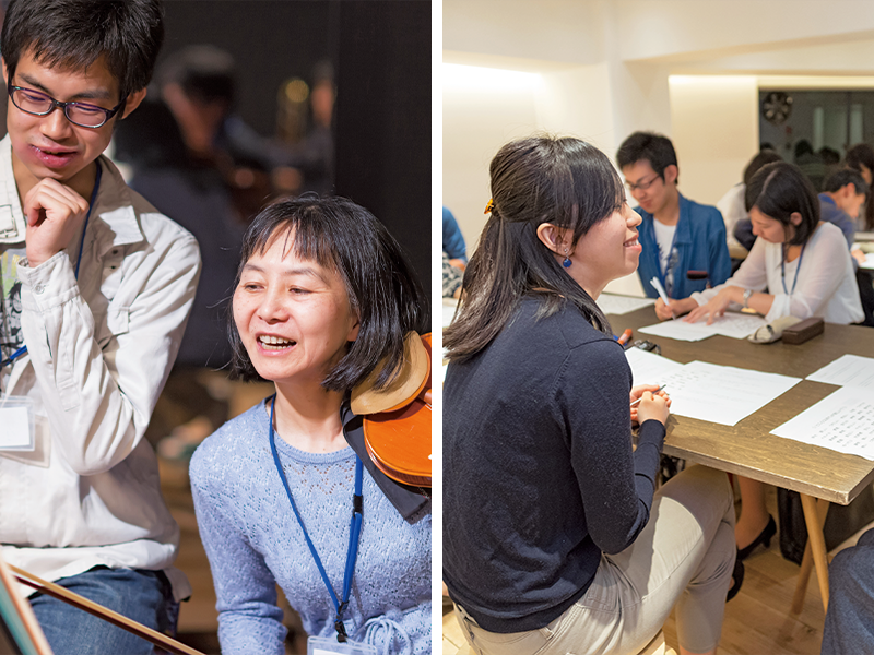 左/出会った楽団員のファンになり、参加者たちは今も演奏会に行っているそう。右/音楽創作と並行し、仕事や人生について考えるワークショップも実施した。