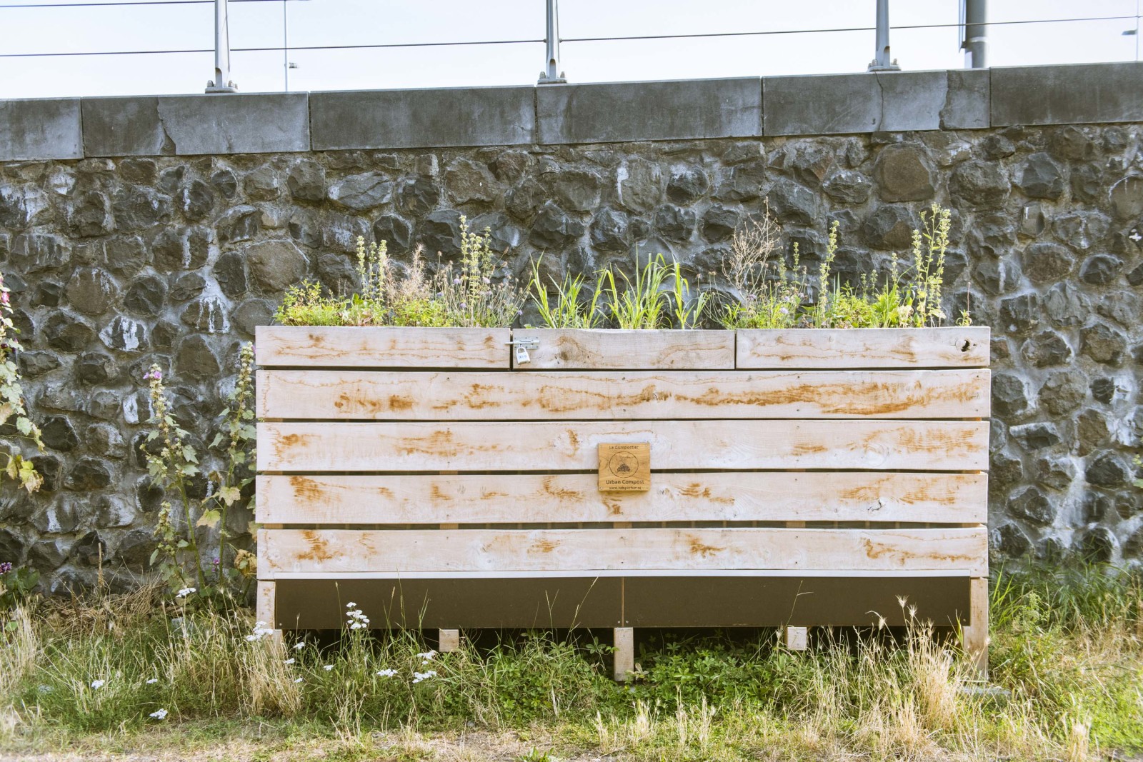 取材時に街中で見つけたコンポスト。エディブルフラワーの花壇も併設されていた。