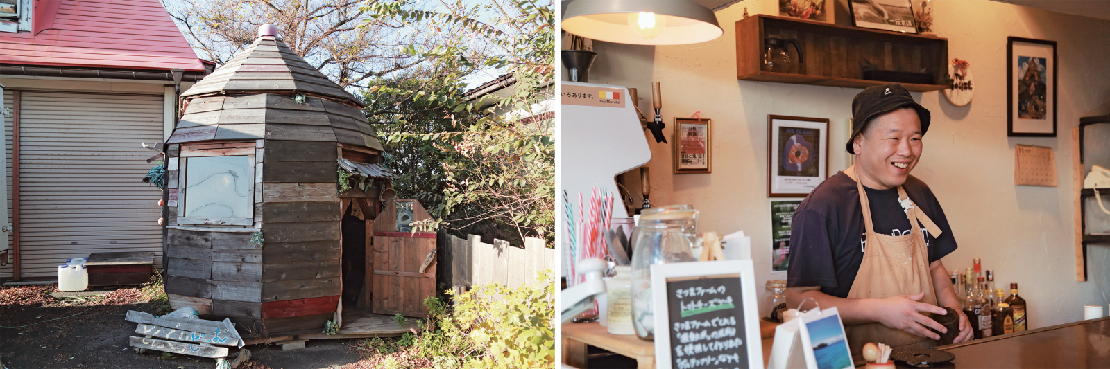 右/コーヒーにパスタ、ハンバーガーなどがおいしい『TheRoast』。「周囲で『まきまき花巻』は話題です」とマスター。 左/お店敷地内は『カレーだJ』のテーマパーク。オーナー手造りの小屋でもカレーを食べられる。