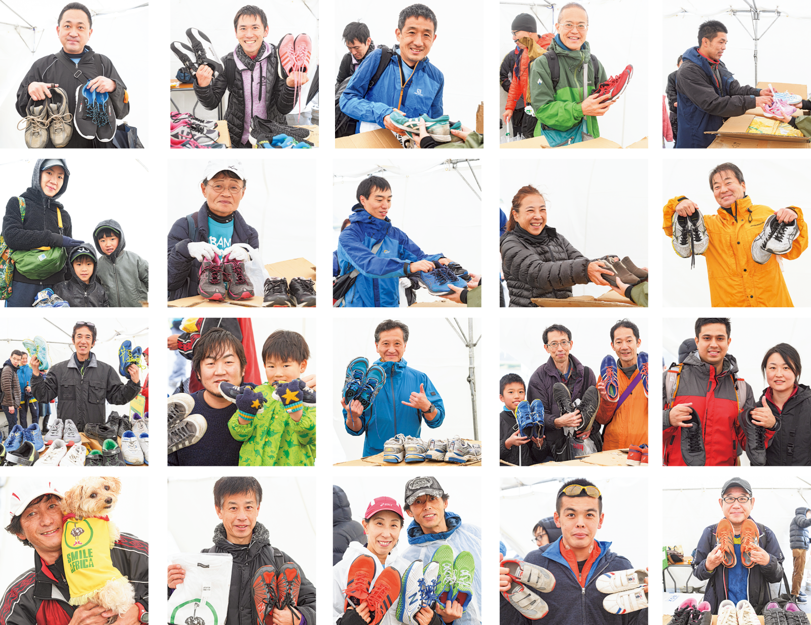 シューズを持ってきてくださったみなさま。ここに写っていない大勢の方々にも持ってきていただいた。開催されていれば、親子ランに95組207人、3時間リレーに109組461人、ボランティアスタッフ42人に参加していただく予定だった。