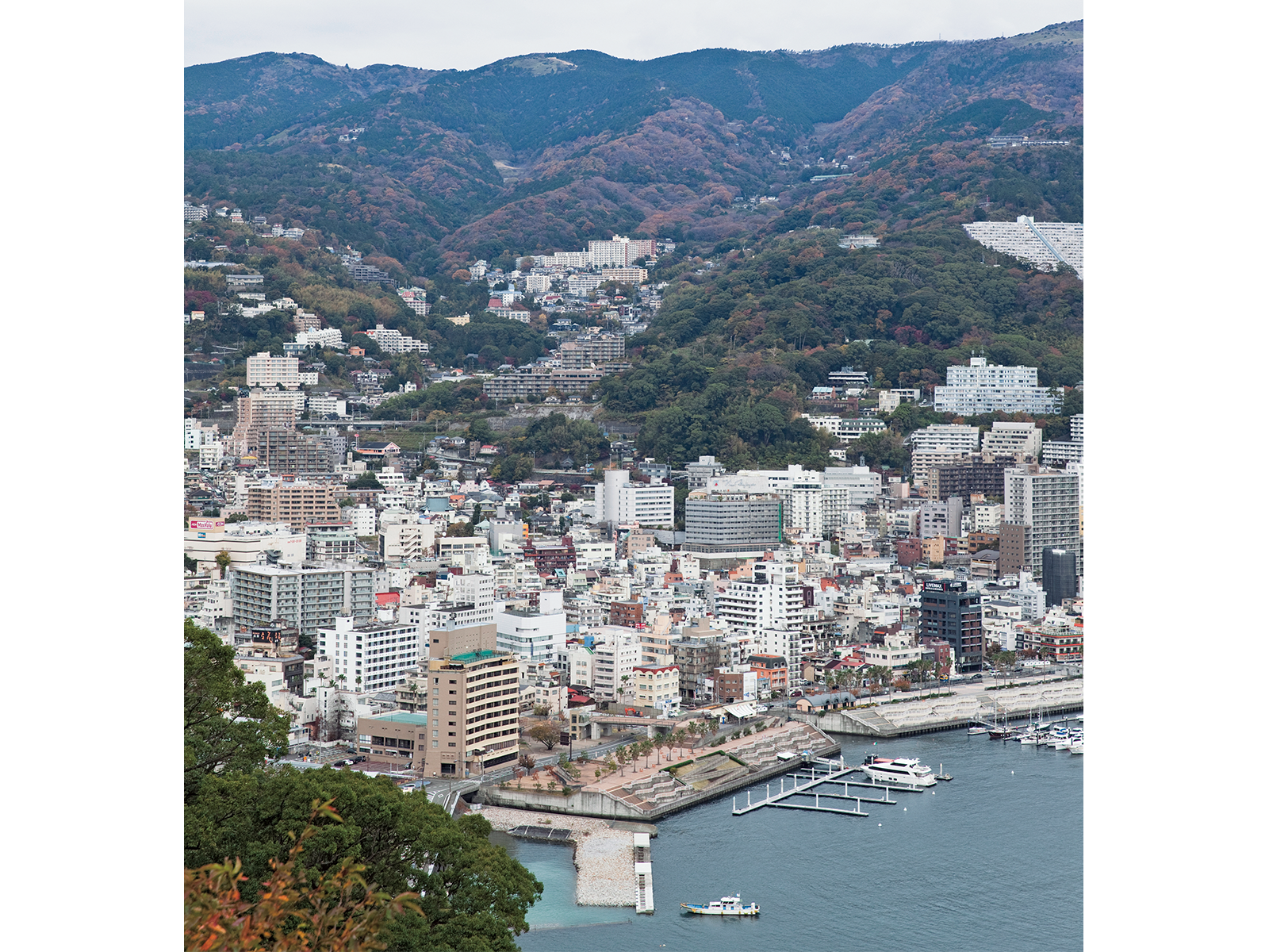 山から眺めた熱海の街並み。リゾートマンションが目立つが、昔ながらの老舗や路地裏のレトロな店にも、まちなかを歩くと出合える。