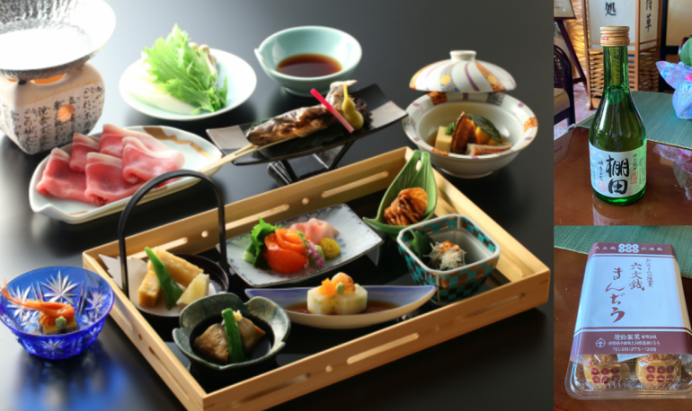 信州山里御膳 長野県産豚しゃぶしゃぶ(夕食)とサービスの姨捨正宗棚田、温泉まんぢう