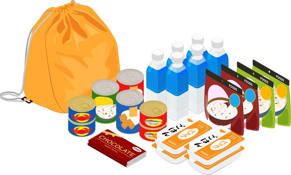 保存食品と防災袋のベクターイラスト