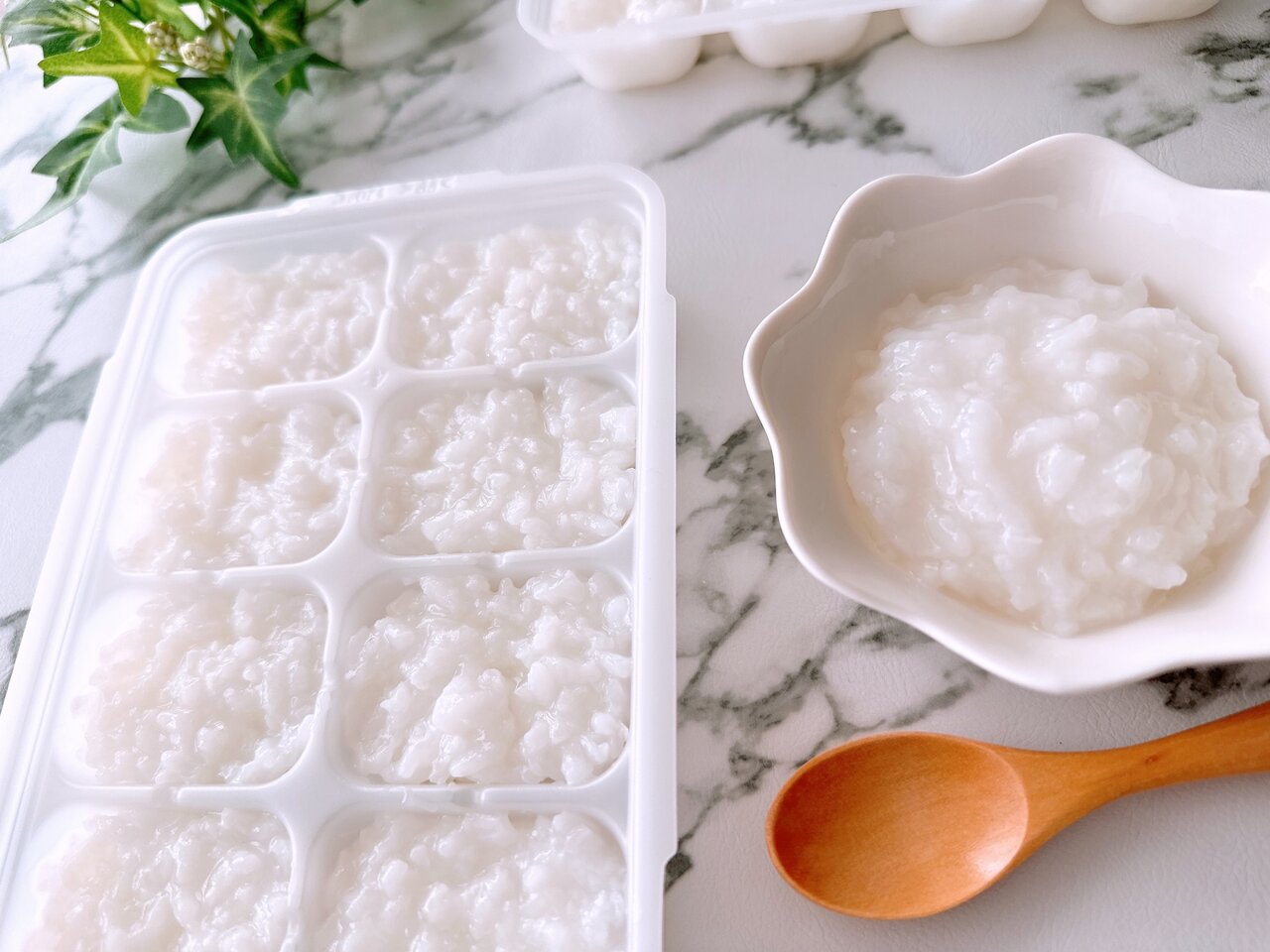 器に入ったおかゆと製氷皿に分けられたおかゆ