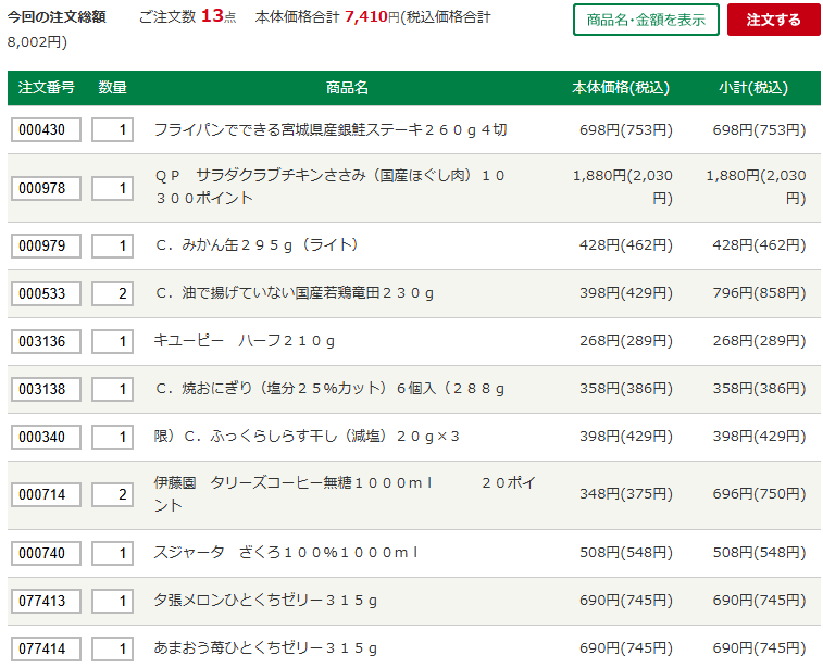 みやぎ生協の注文票