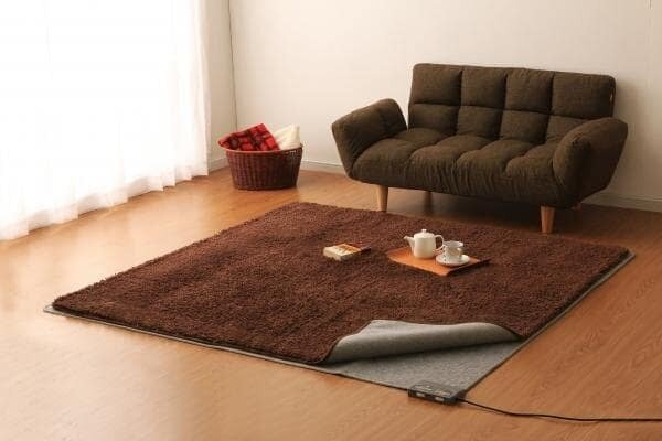 茶色のカーペットの下に敷いたアイリスオーヤマのホットカーペット