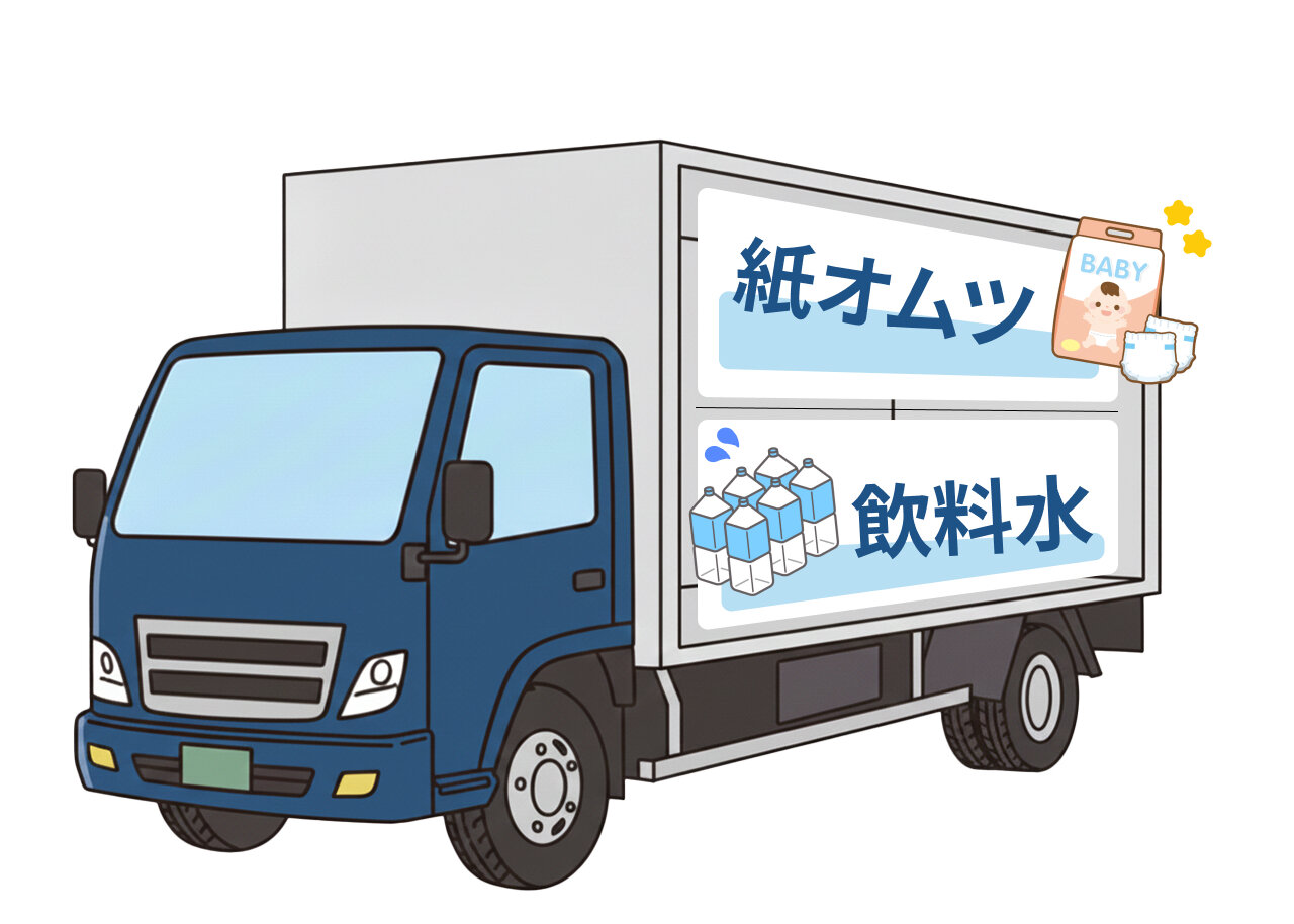 飲料水の上に紙オムツを載せるトラックのイメージ図