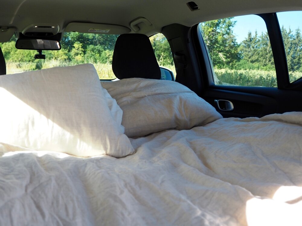 車の後部座席に作られた寝床