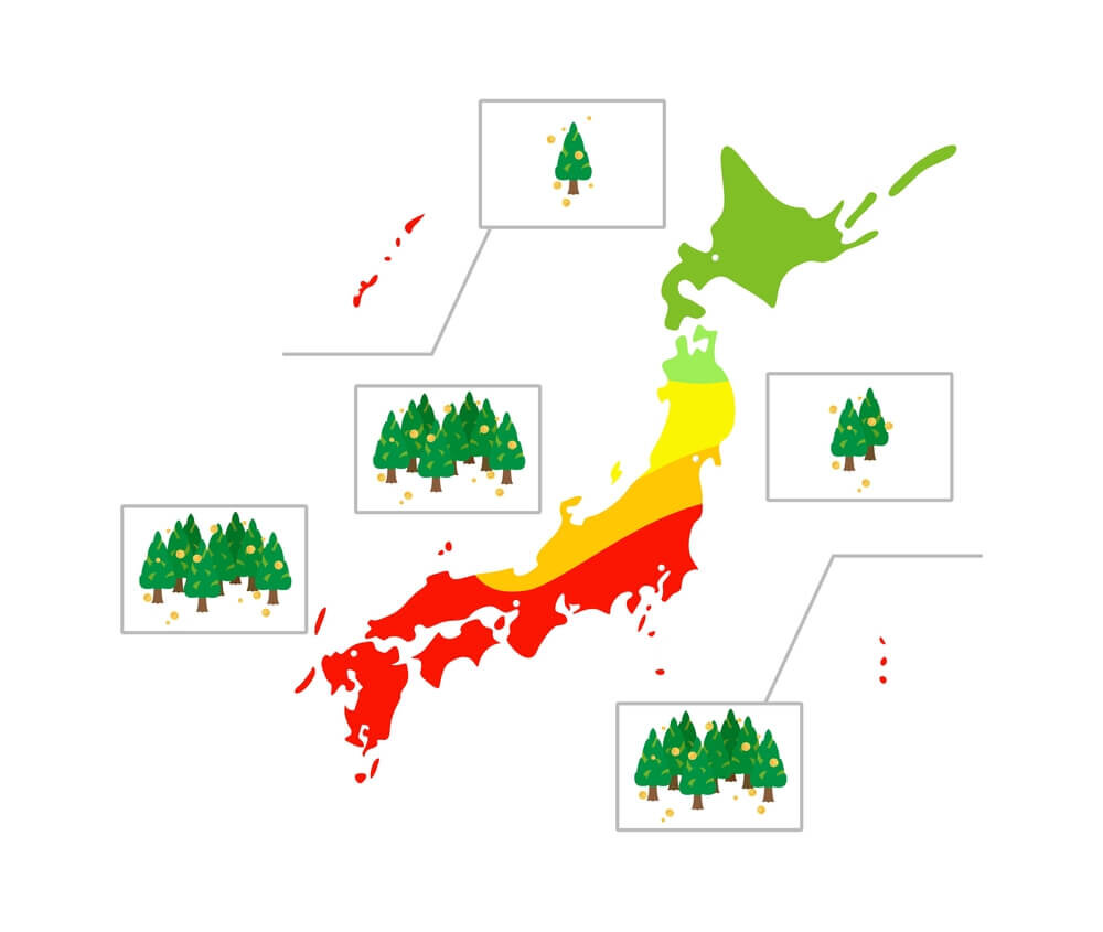 花粉の量を示した日本地図