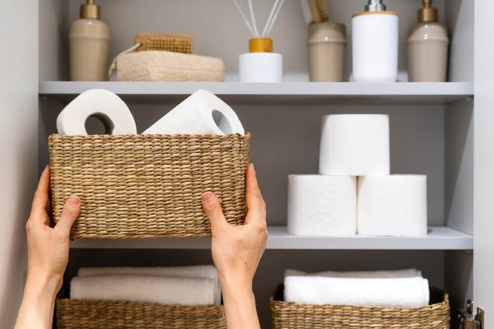 トイレットペーパーを棚に入れる女性