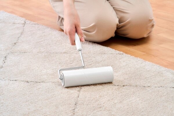 カーペットをコロコロで掃除する女性