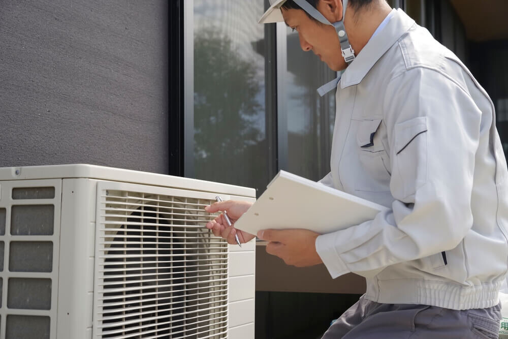 エアコンの室外機を確認する業者の男性