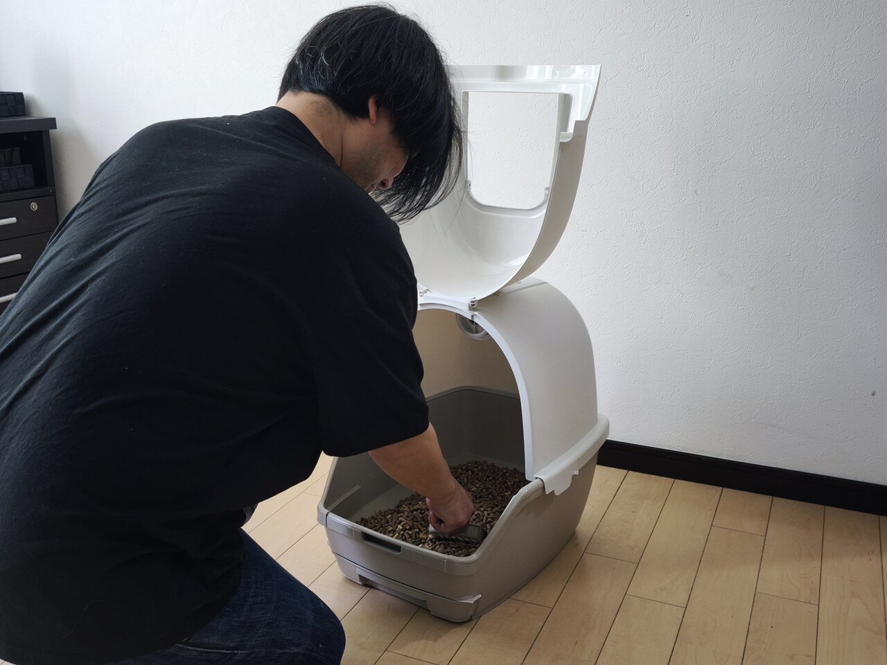 猫砂を処理する飼い主