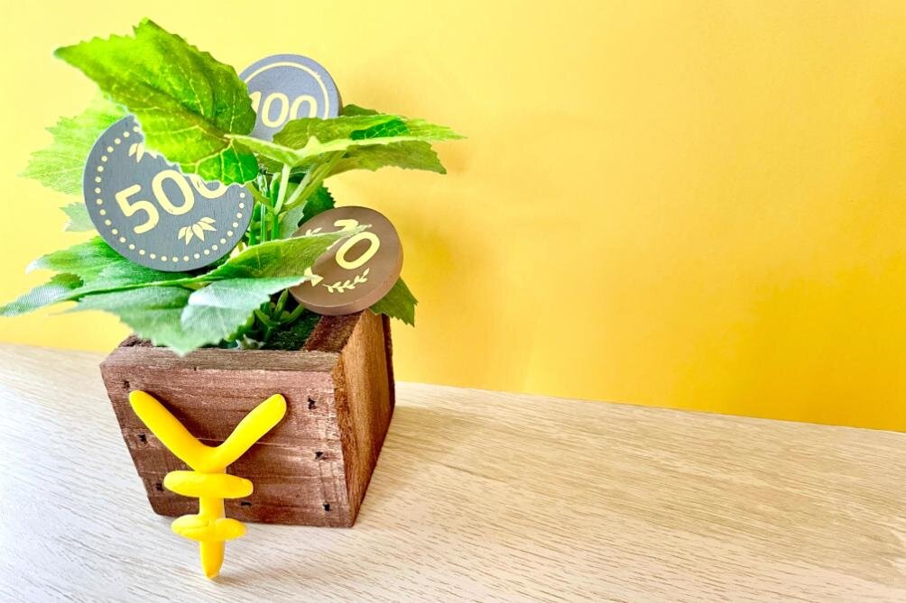 植物とコインなどが置かれた机