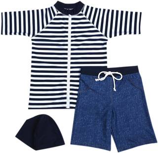 Amazon | Babystity 男の子 水着 UPF50+ ボーダー柄 ラッシュガード 帽子 デニム柄パンツ (43231)