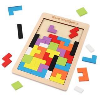 Amazon | D-FantiX 木製パズル テトリス パズル 型はめ 積み木 3歳 知育パズル (130928)