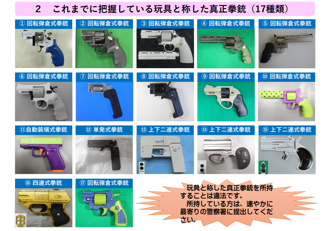 警察庁、「玩具と称した真正拳銃」17種類を公開し注意喚起「絶対に購入しないでください」