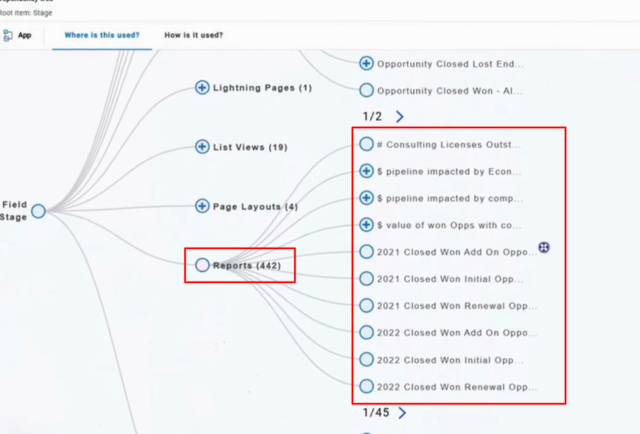 項目がレポートで使用されている数と対象のレポート名
