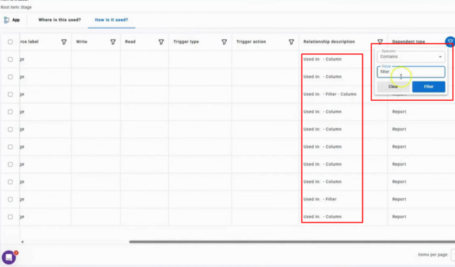 項目がどのように使用されているかを一覧形式で表示