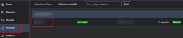 Metadata メニューより接続しているSalesf...