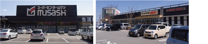 スーパーセンタームサシ金沢店(左)は県内最大級の巨大なホームセンター。隣には、スーパーのアルビスを中心としたショッピングセンターのイータウン金沢がある