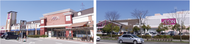 金沢バイパス(国道8号)に隣接するマックスバリュと専門店からなるイオンタウン金沢示野(左)、杜の里地区にあるイオンと専門店からなるイオンもりの里店(右)