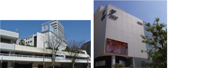 イオンリテールが運営する金沢駅東口の金沢フォーラス(右)、金沢名鉄丸越百貨店が運営するめいてつ・エムザ。近江町市場の対面に位置する(右)