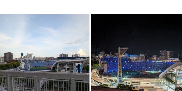 OMO７横浜から見える 横浜スタジアム　昼と夜　