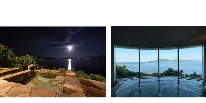 左：サザエの湯からの月夜　右：悠久の湯からの青海嶋の眺め