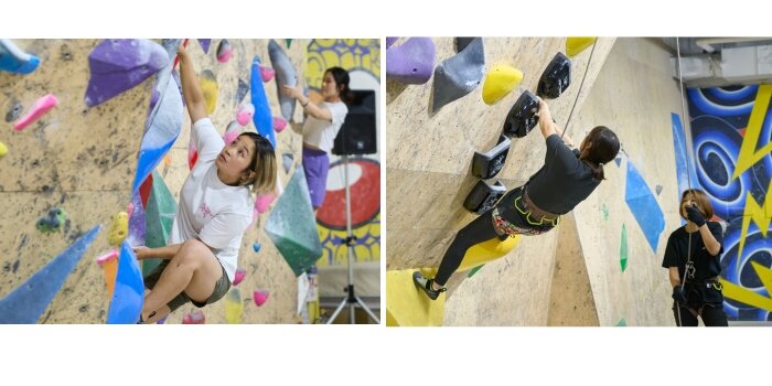 クライミングを登る女性　