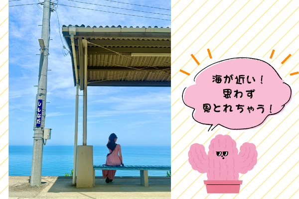 下灘駅のホームから海を眺める筆者