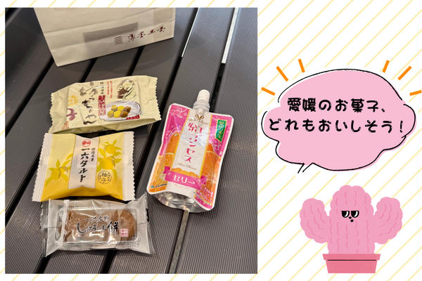 坊ちゃんだんご、一六タルト、しょうゆ餅、紅プリンセスのゼリー