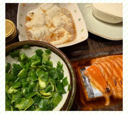 豆腐、ゆば、サーモンのたたき、青ゆずと青唐辛子の塩和え