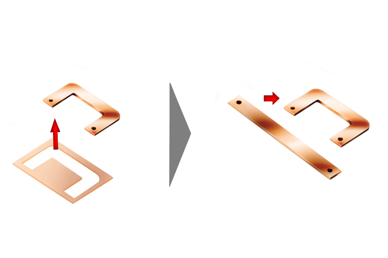 図1　 従来の銅板からのプレス抜き（左）は材料の歩留まりが低い。新工法のベンディング加工（右）なら材料の歩留まりを高められる（画像提供：伊藤金属工業）