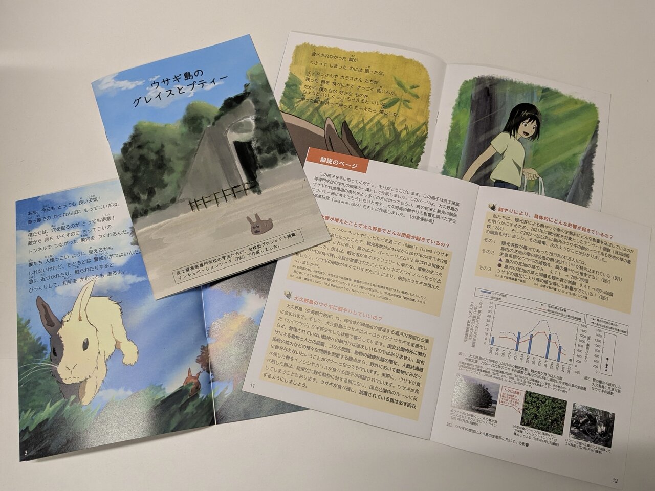 図 1　 学生たちが制作した絵本「ウサギ島のグレイスとプティー」（写真提供：呉高専）