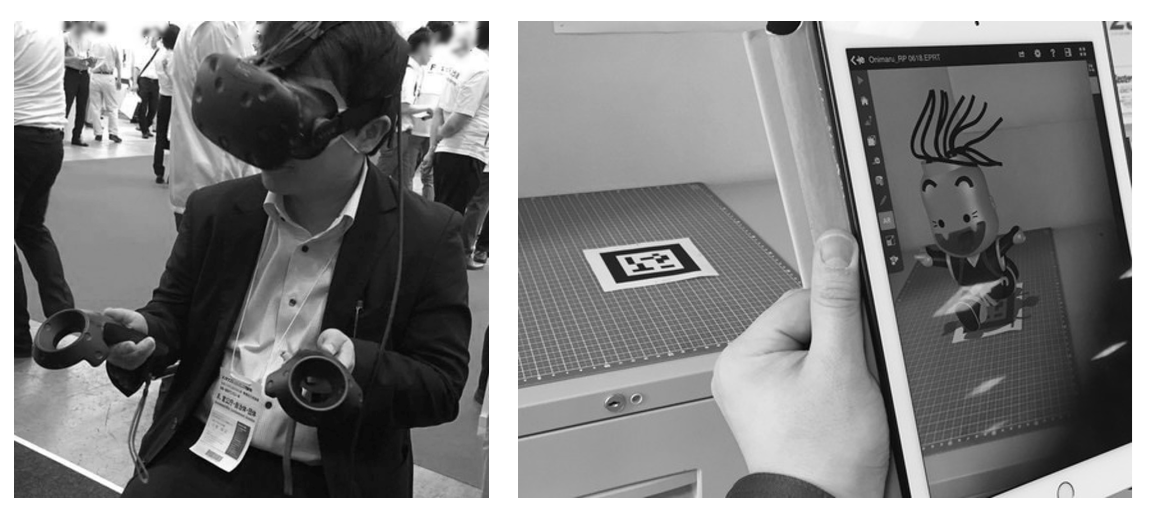 図3　（ 左）筆者がVRを体験している様子（右）AR（「eDrawings」）でタブレットに3次元モデルを表示している様子